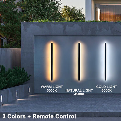 Three vertical wall light strips mounted on a gray concrete wall, shown in warm, natural, and cold white light modes with text labels and a promotional note about remote control.
